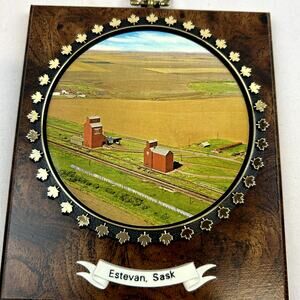 Estevan, Sask Wall Plaque Vintage Souvenirs 5 x 6 " wood FARM Picture in box